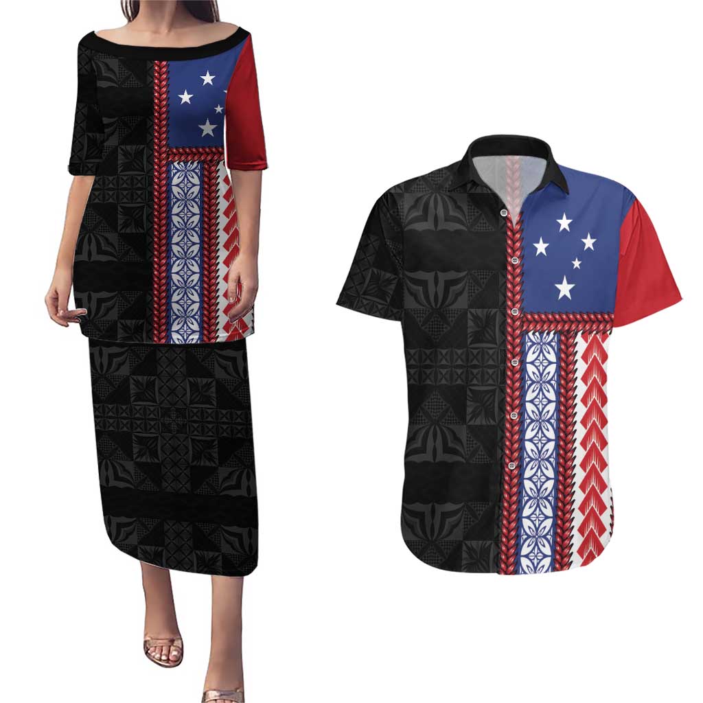 Samoa Flag Couples Matching Puletasi and Hawaiian Shirt Ula Fala With Samoan Siapo LT05 Black - Polynesian Pride