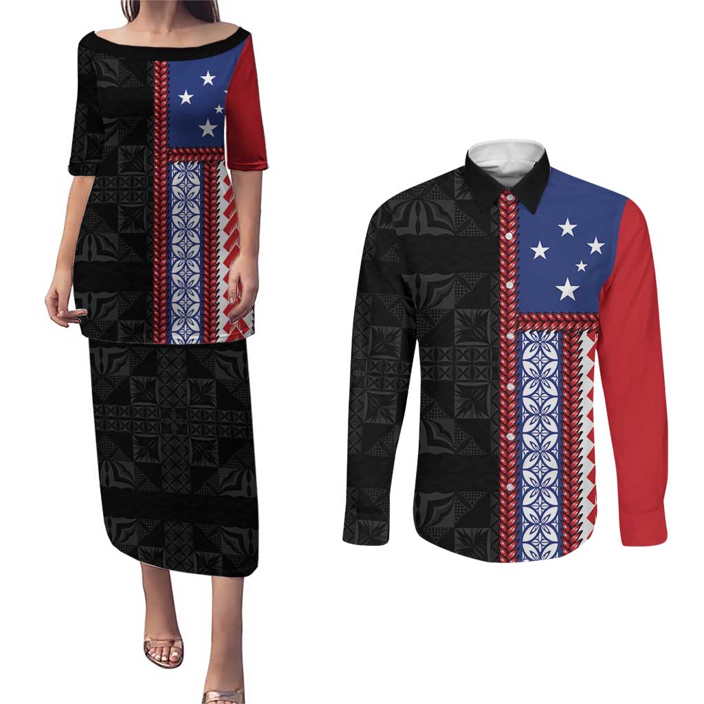 Samoa Flag Couples Matching Puletasi and Long Sleeve Button Shirt Ula Fala With Samoan Siapo LT05 Black - Polynesian Pride