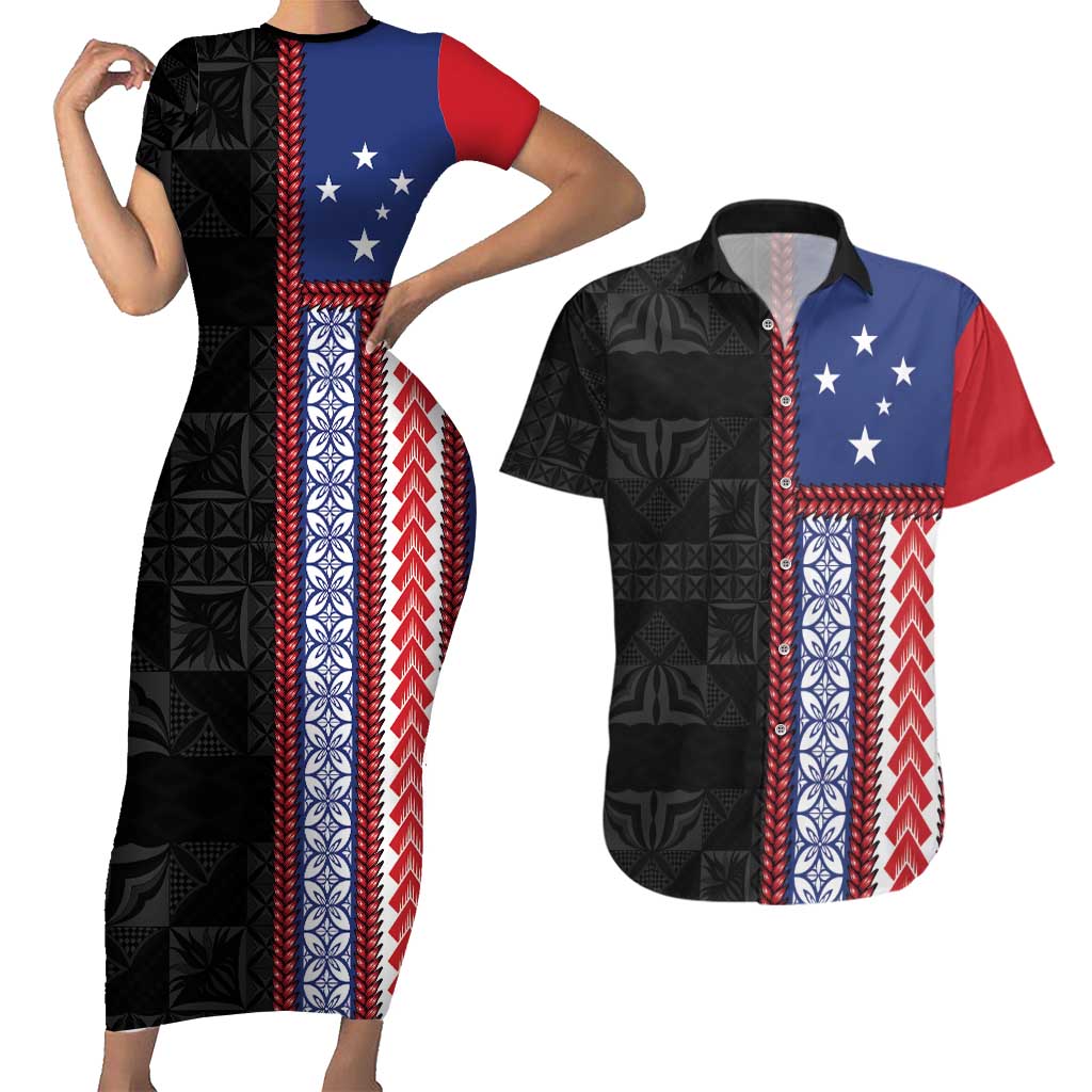 Samoa Flag Couples Matching Short Sleeve Bodycon Dress and Hawaiian Shirt Ula Fala With Samoan Siapo LT05 Black - Polynesian Pride