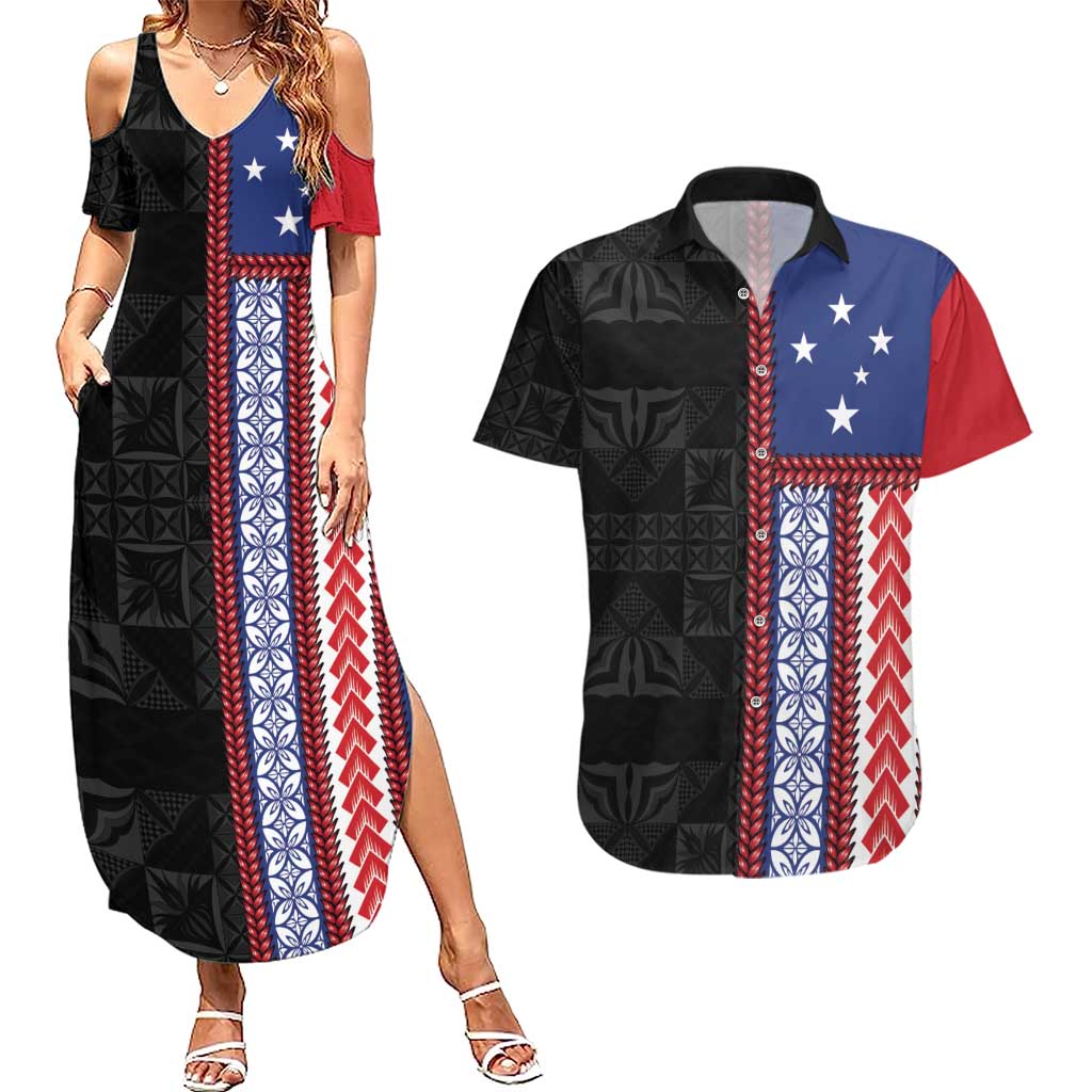 Samoa Flag Couples Matching Summer Maxi Dress and Hawaiian Shirt Ula Fala With Samoan Siapo LT05 Black - Polynesian Pride