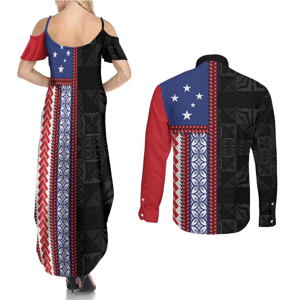 Samoa Flag Couples Matching Summer Maxi Dress and Long Sleeve Button Shirt Ula Fala With Samoan Siapo LT05 - Polynesian Pride
