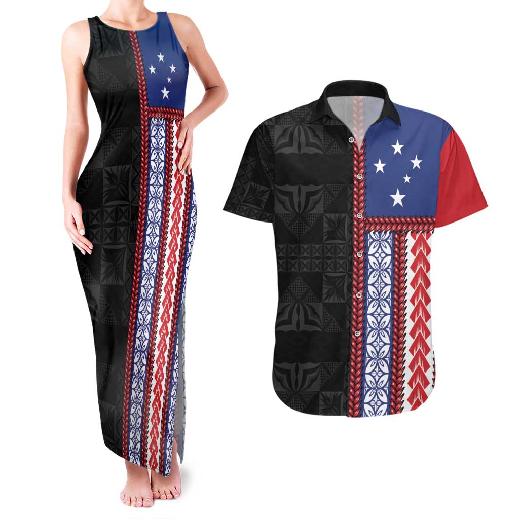 Samoa Flag Couples Matching Tank Maxi Dress and Hawaiian Shirt Ula Fala With Samoan Siapo LT05 Black - Polynesian Pride