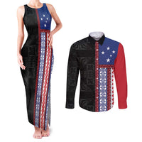 Samoa Flag Couples Matching Tank Maxi Dress and Long Sleeve Button Shirt Ula Fala With Samoan Siapo LT05 Black - Polynesian Pride