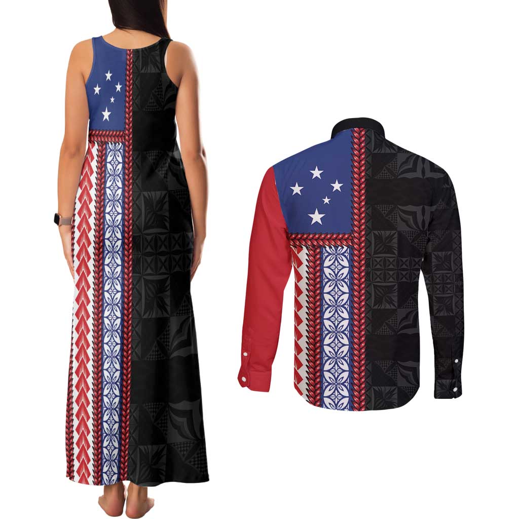 Samoa Flag Couples Matching Tank Maxi Dress and Long Sleeve Button Shirt Ula Fala With Samoan Siapo LT05 - Polynesian Pride