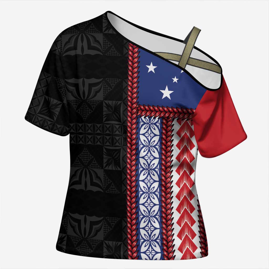 Samoa Flag Cross Shoulder Shirt Ula Fala With Samoan Siapo LT05 Female Black - Polynesian Pride