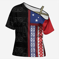 Samoa Flag Cross Shoulder Shirt Ula Fala With Samoan Siapo LT05 Female Black - Polynesian Pride