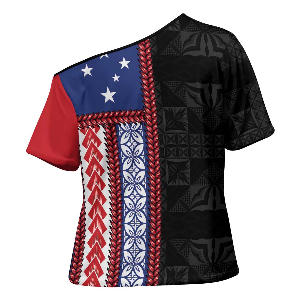 Samoa Flag Cross Shoulder Shirt Ula Fala With Samoan Siapo LT05 - Polynesian Pride