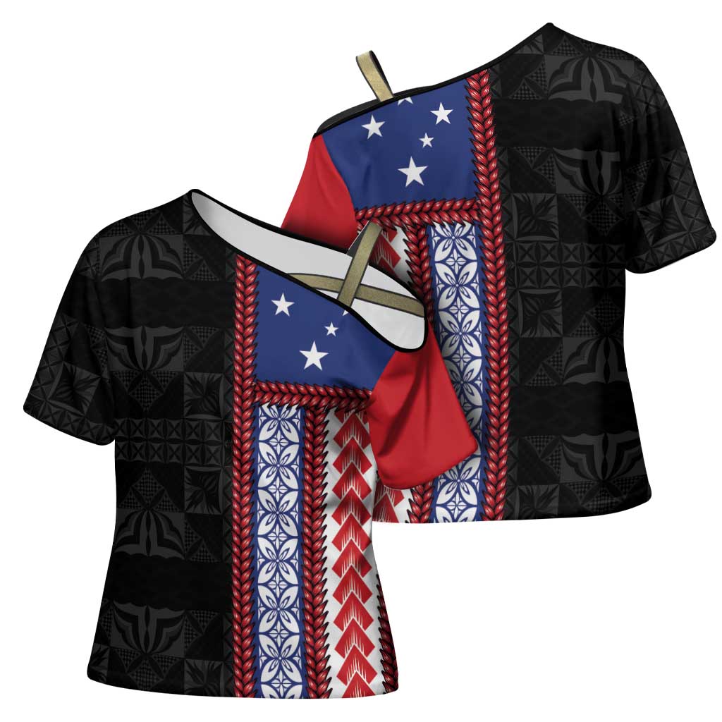 Samoa Flag Cross Shoulder Shirt Ula Fala With Samoan Siapo LT05 - Polynesian Pride
