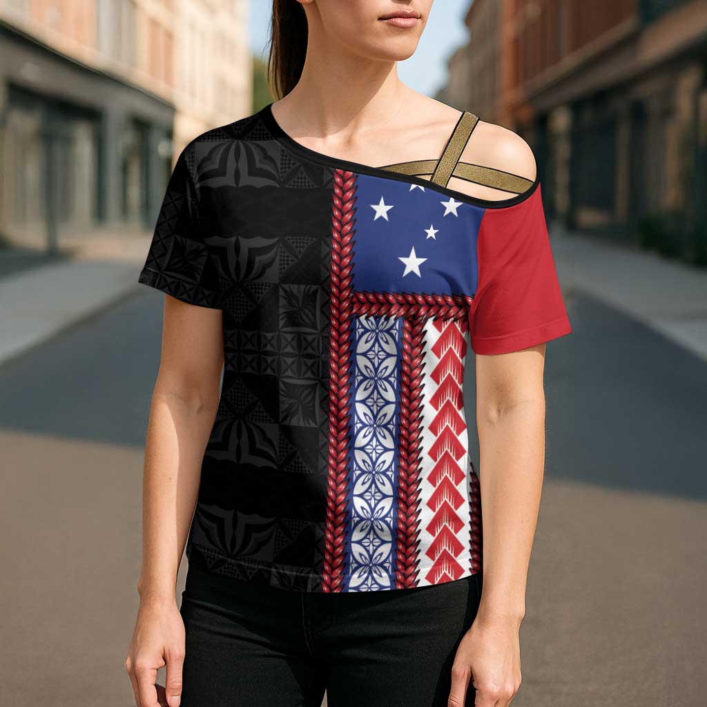 Samoa Flag Cross Shoulder Shirt Ula Fala With Samoan Siapo LT05 - Polynesian Pride