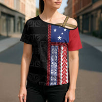Samoa Flag Cross Shoulder Shirt Ula Fala With Samoan Siapo LT05 - Polynesian Pride