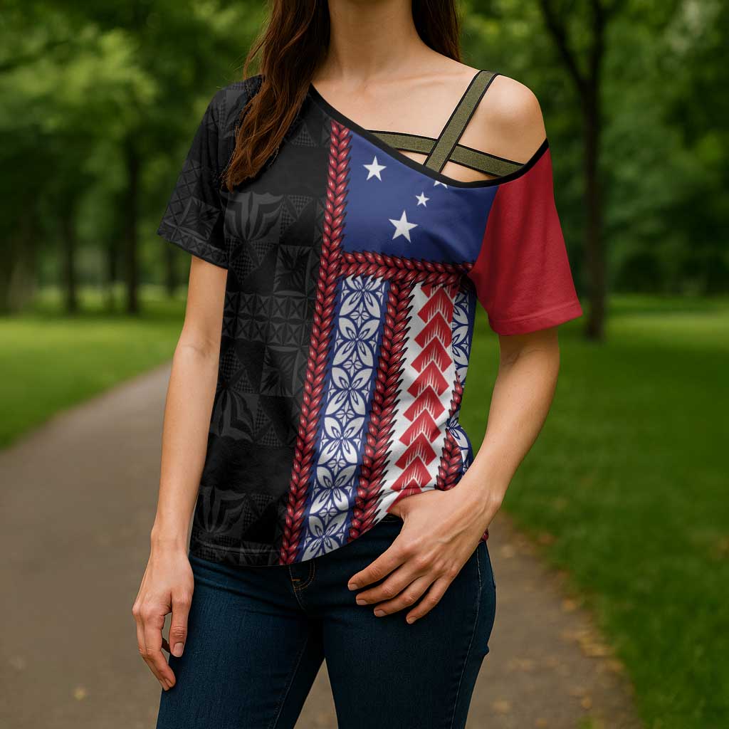 Samoa Flag Cross Shoulder Shirt Ula Fala With Samoan Siapo LT05 - Polynesian Pride