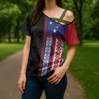 Samoa Flag Cross Shoulder Shirt Ula Fala With Samoan Siapo LT05 - Polynesian Pride