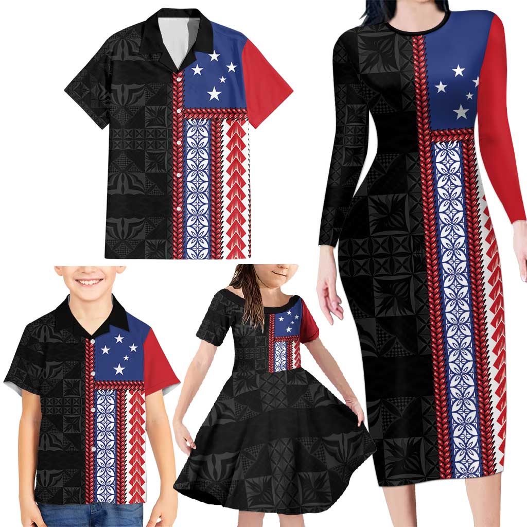 Samoa Flag Family Matching Long Sleeve Bodycon Dress and Hawaiian Shirt Ula Fala With Samoan Siapo - Polynesian Pride