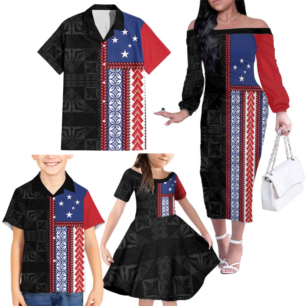 Samoa Flag Family Matching Off The Shoulder Long Sleeve Dress and Hawaiian Shirt Ula Fala With Samoan Siapo LT05 - Polynesian Pride