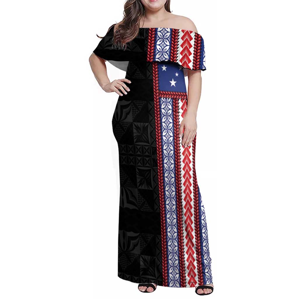 Samoa Flag Family Matching Off Shoulder Maxi Dress and Hawaiian Shirt Ula Fala With Samoan Siapo - Polynesian Pride