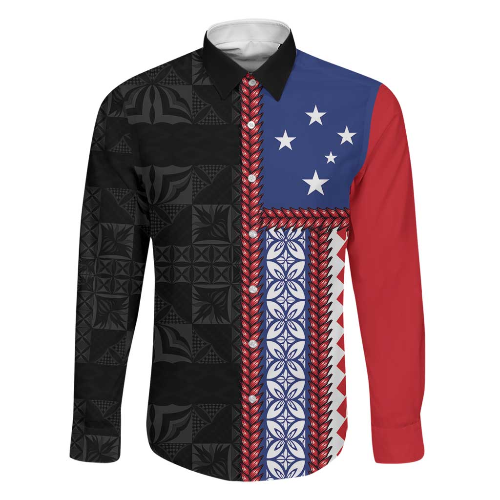 Samoa Flag Family Matching Puletasi and Hawaiian Shirt Ula Fala With Samoan Siapo LT05 Dad's Shirt - Long Sleeve Black - Polynesian Pride