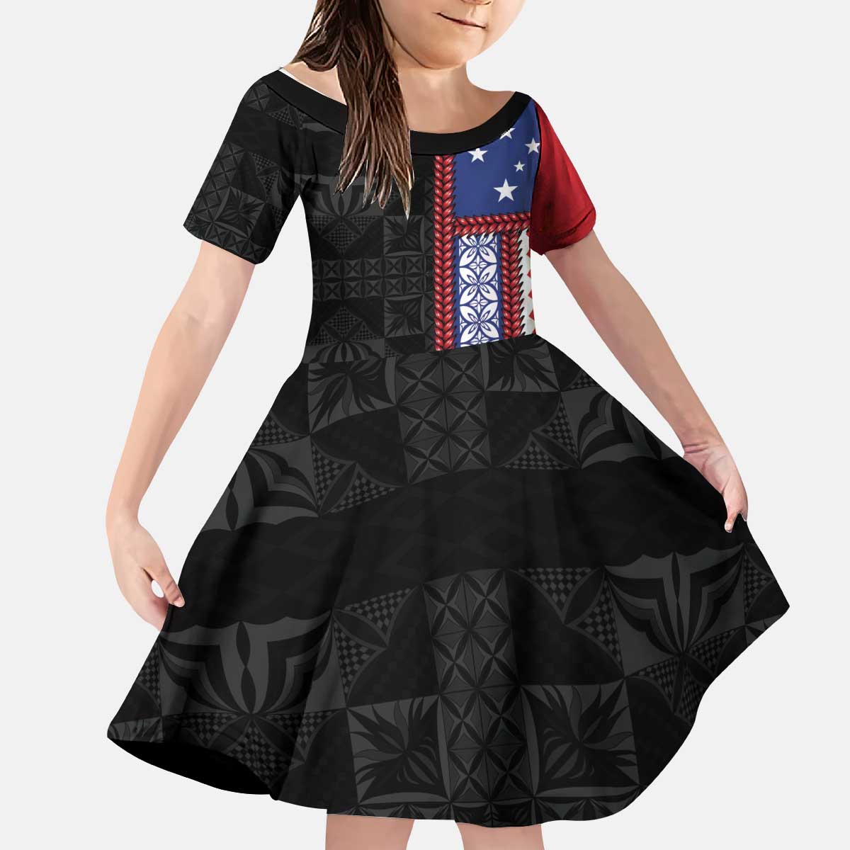 Samoa Flag Kid Short Sleeve Dress Ula Fala With Samoan Siapo LT05 KID Black - Polynesian Pride