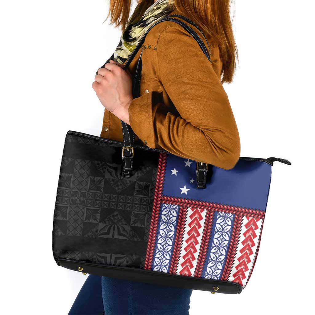 Samoa Flag Leather Tote Bag Ula Fala With Samoan Siapo - Polynesian Pride
