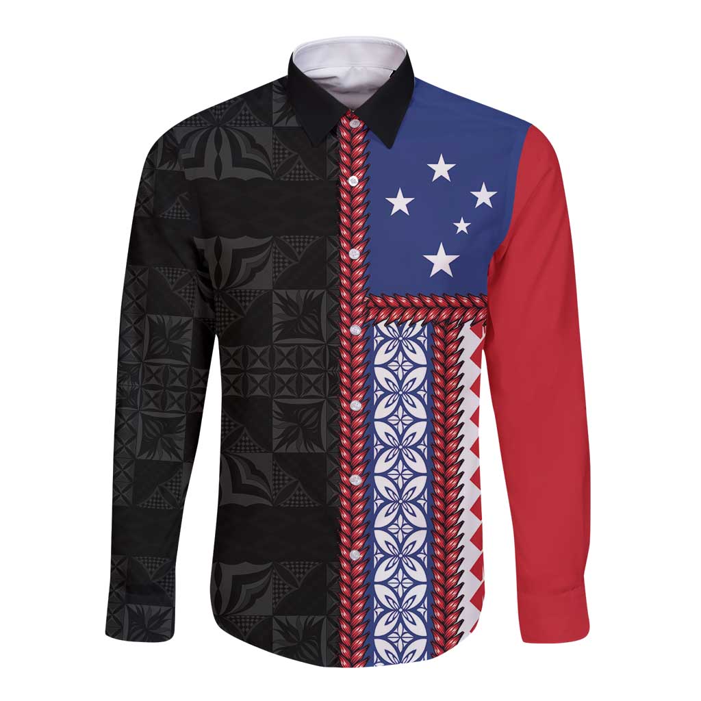 Samoa Flag Long Sleeve Button Shirt Ula Fala With Samoan Siapo LT05 Unisex Black - Polynesian Pride