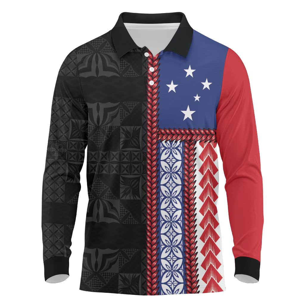 Samoa Flag Long Sleeve Polo Shirt Ula Fala With Samoan Siapo LT05 Black - Polynesian Pride