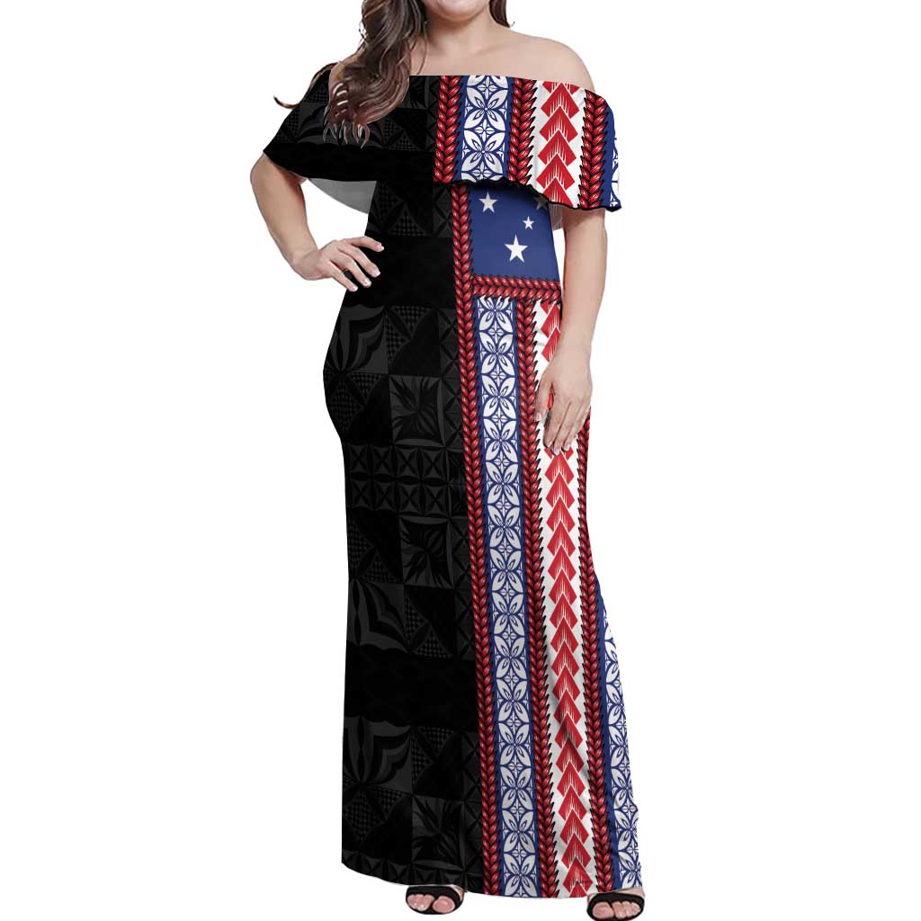 Samoa Flag Off Shoulder Maxi Dress Ula Fala With Samoan Siapo LT05 Women Black - Polynesian Pride