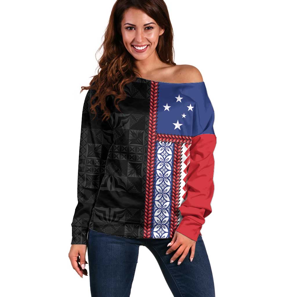Samoa Flag Off Shoulder Sweater Ula Fala With Samoan Siapo - Polynesian Pride