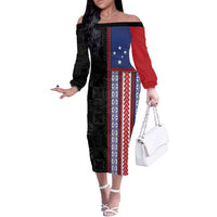 Samoa Flag Off The Shoulder Long Sleeve Dress Ula Fala With Samoan Siapo LT05 Women Black - Polynesian Pride