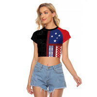 Samoa Flag Raglan Cropped T Shirt Ula Fala With Samoan Siapo LT05 Female Black - Polynesian Pride