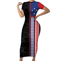 Samoa Flag Short Sleeve Bodycon Dress Ula Fala With Samoan Siapo LT05 Long Dress Black - Polynesian Pride