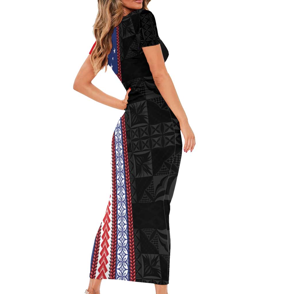 Samoa Flag Short Sleeve Bodycon Dress Ula Fala With Samoan Siapo LT05 - Polynesian Pride