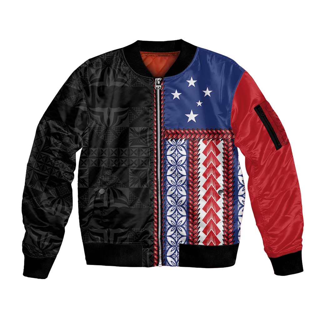 Samoa Flag Sleeve Zip Bomber Jacket Ula Fala With Samoan Siapo - Polynesian Pride