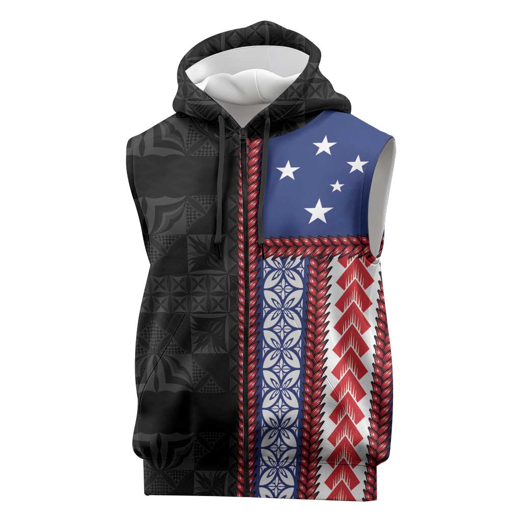 Samoa Flag Sleeveless Zip Hoodie Ula Fala With Samoan Siapo LT05 Black - Polynesian Pride