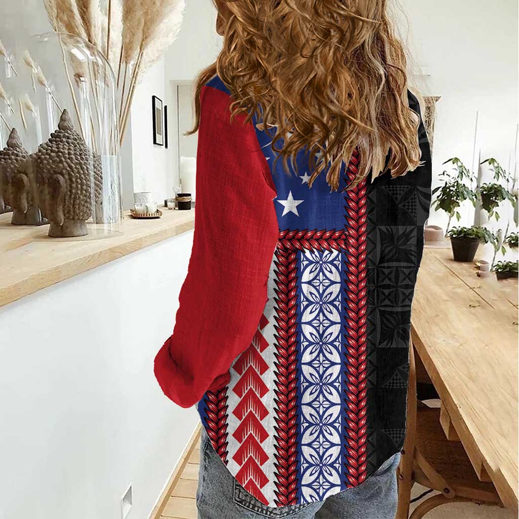 Samoa Flag Women Casual Shirt Ula Fala With Samoan Siapo - Polynesian Pride