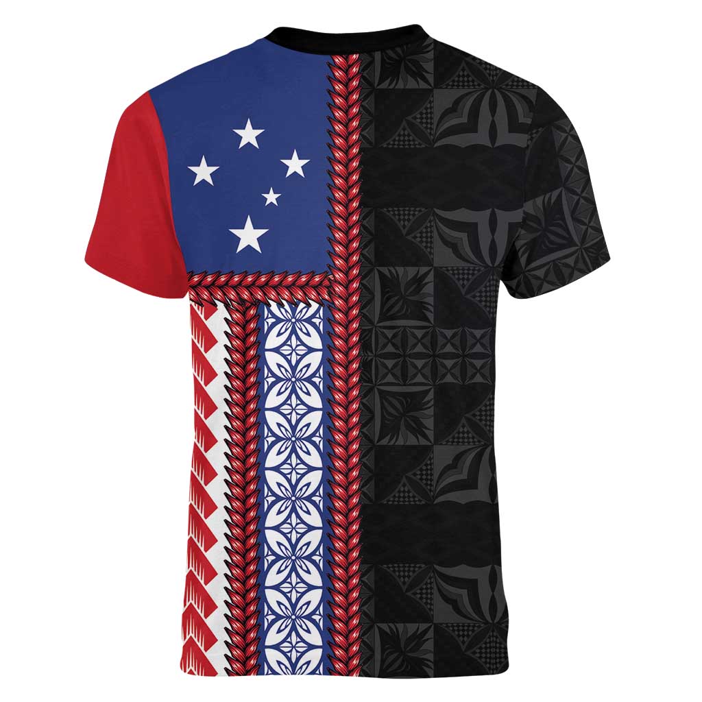 Samoa Flag Women V-Neck T-Shirt Ula Fala With Samoan Siapo LT05 - Polynesian Pride