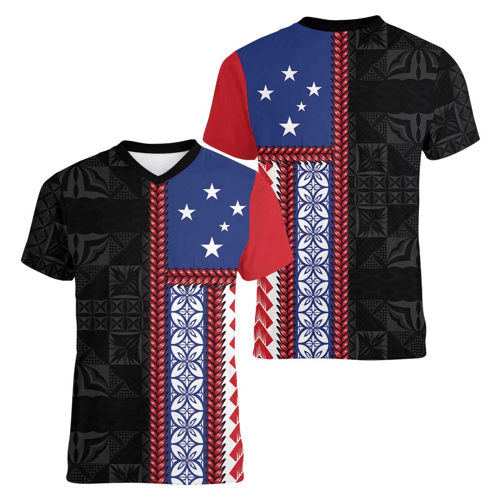 Samoa Flag Women V-Neck T-Shirt Ula Fala With Samoan Siapo LT05 - Polynesian Pride