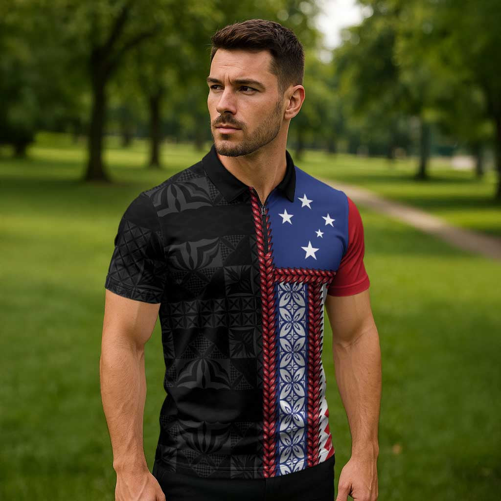 Samoa Flag Zipper Polo Shirt Ula Fala With Samoan Siapo LT05 - Polynesian Pride
