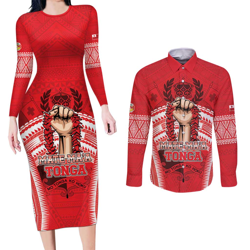 Custom Tonga Rugby Mate Ma'a Couples Matching Long Sleeve Bodycon Dress and Long Sleeve Button Shirt Tongan Pride Unique Style - Polynesian Pride