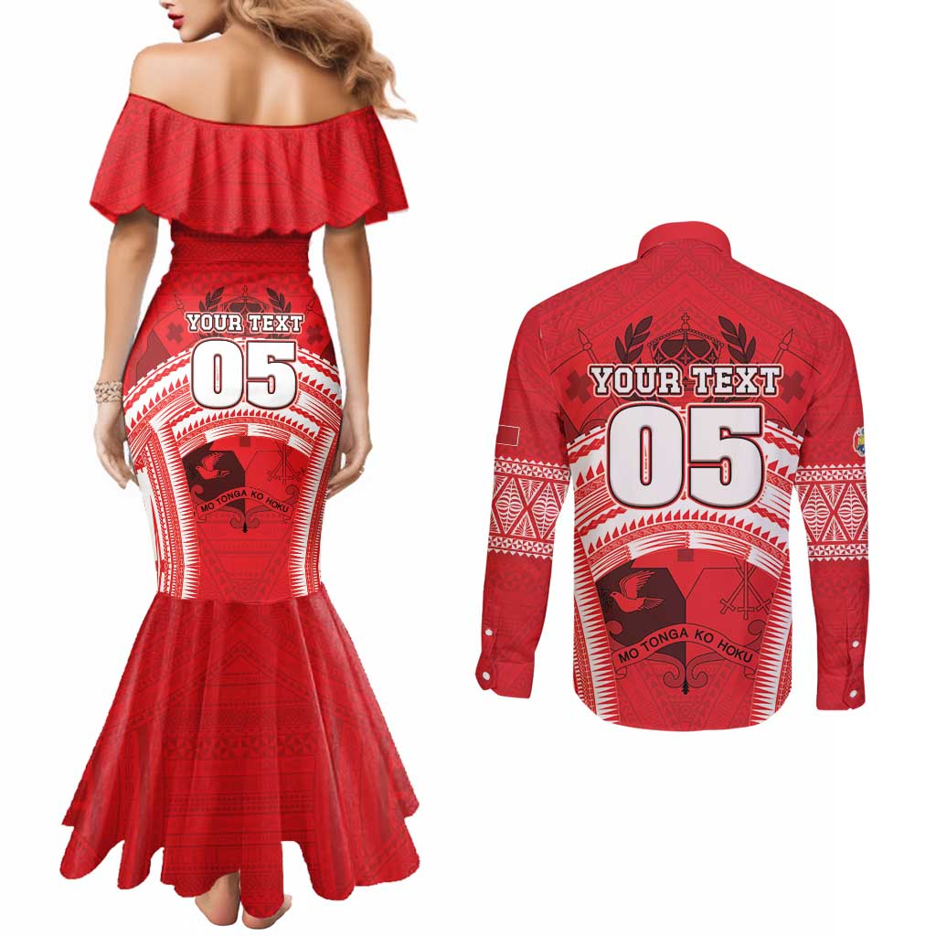 Custom Tonga Rugby Mate Ma'a Couples Matching Mermaid Dress and Long Sleeve Button Shirt Tongan Pride Unique Style - Polynesian Pride