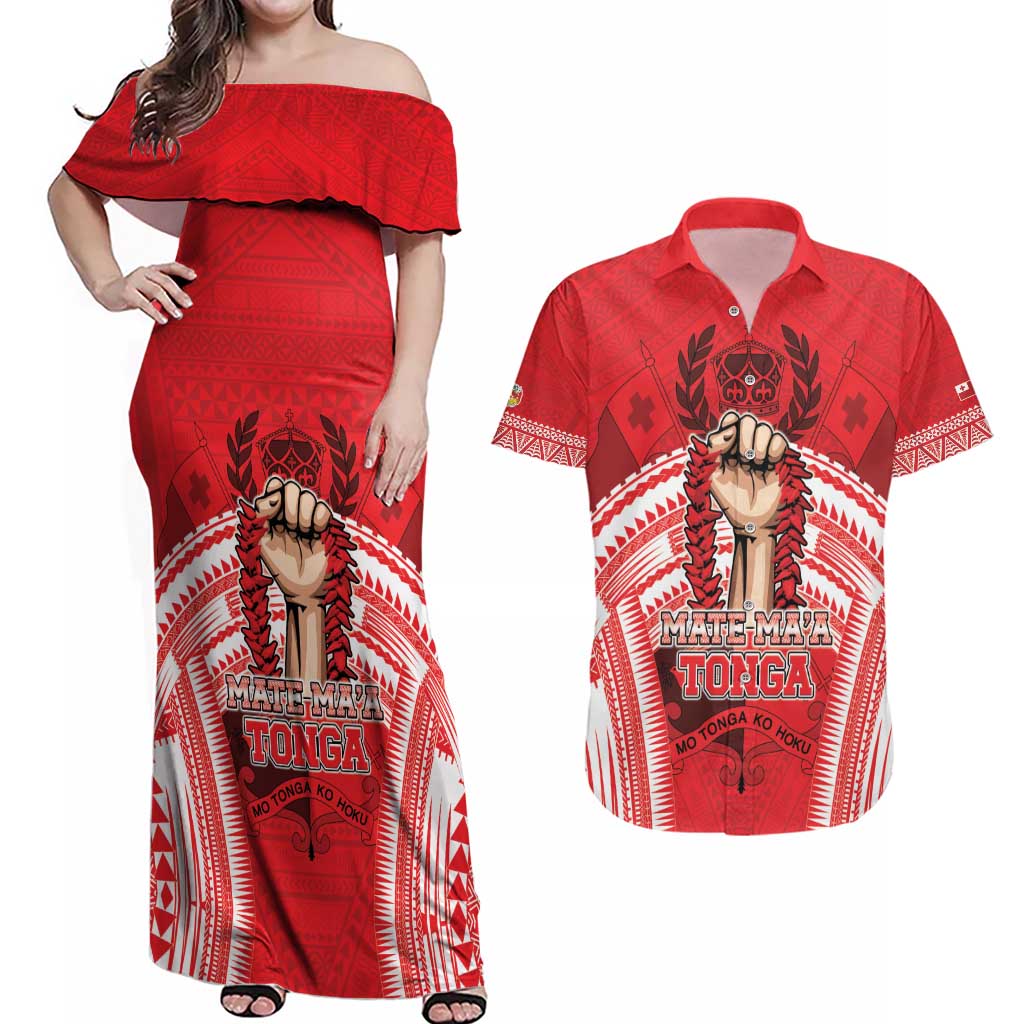 Custom Tonga Rugby Mate Ma'a Couples Matching Off Shoulder Maxi Dress and Hawaiian Shirt Tongan Pride Unique Style - Polynesian Pride