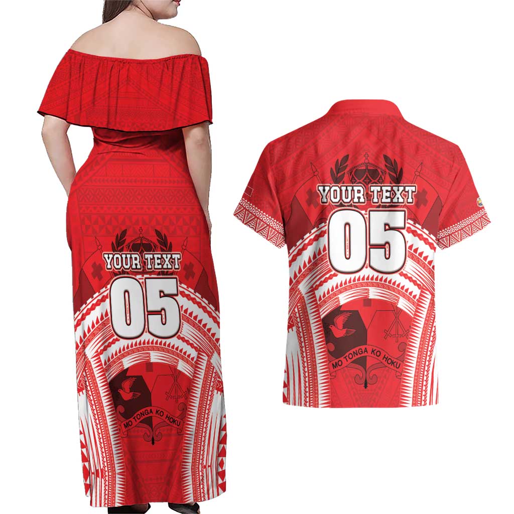 Custom Tonga Rugby Mate Ma'a Couples Matching Off Shoulder Maxi Dress and Hawaiian Shirt Tongan Pride Unique Style - Polynesian Pride