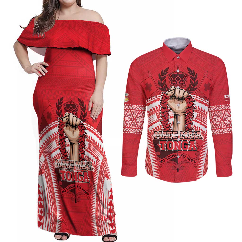 Custom Tonga Rugby Mate Ma'a Couples Matching Off Shoulder Maxi Dress and Long Sleeve Button Shirt Tongan Pride Unique Style - Polynesian Pride