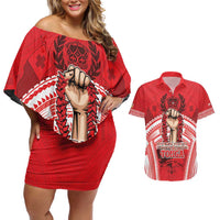 Custom Tonga Rugby Mate Ma'a Couples Matching Off Shoulder Short Dress and Hawaiian Shirt Tongan Pride Unique Style - Polynesian Pride