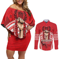 Custom Tonga Rugby Mate Ma'a Couples Matching Off Shoulder Short Dress and Long Sleeve Button Shirt Tongan Pride Unique Style - Polynesian Pride