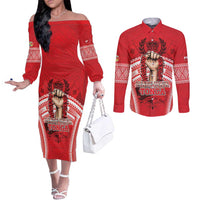 Custom Tonga Rugby Mate Ma'a Couples Matching Off The Shoulder Long Sleeve Dress and Long Sleeve Button Shirt Tongan Pride Unique Style - Polynesian Pride