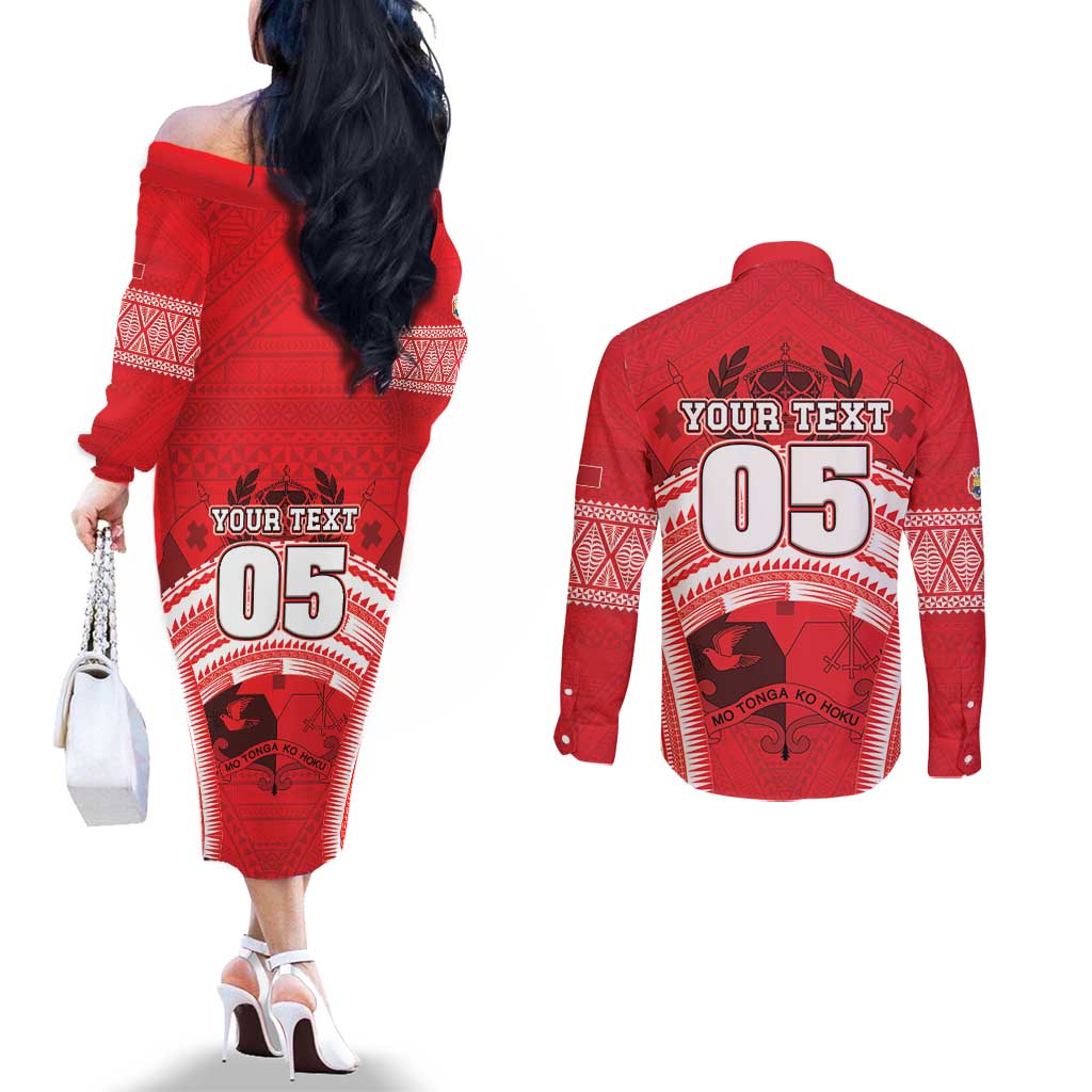 Custom Tonga Rugby Mate Ma'a Couples Matching Off The Shoulder Long Sleeve Dress and Long Sleeve Button Shirt Tongan Pride Unique Style - Polynesian Pride