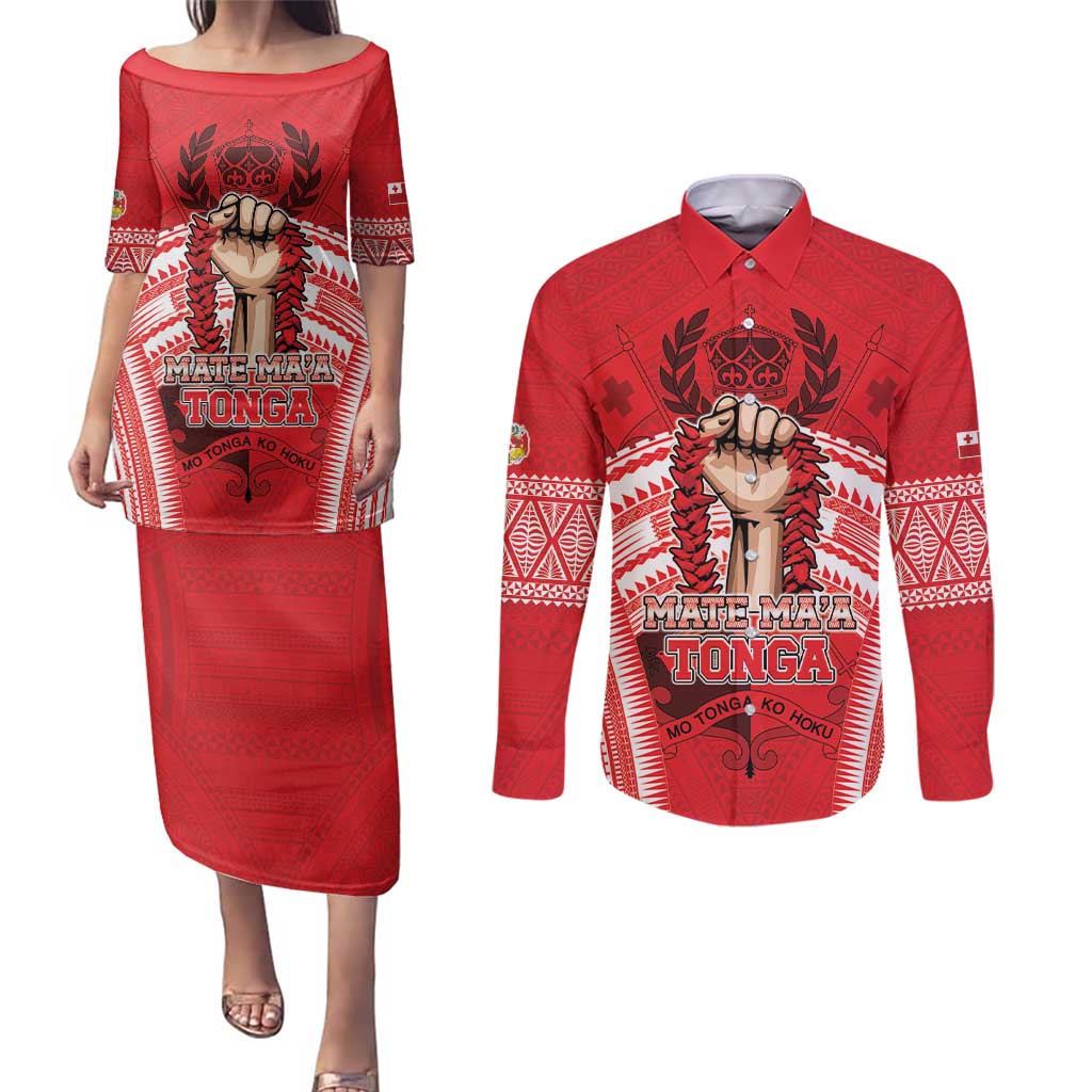 Custom Tonga Rugby Mate Ma'a Couples Matching Puletasi and Long Sleeve Button Shirt Tongan Pride Unique Style - Polynesian Pride