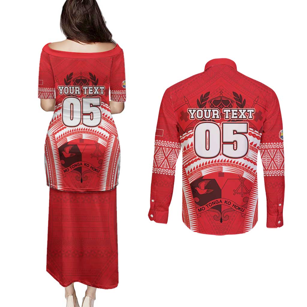 Custom Tonga Rugby Mate Ma'a Couples Matching Puletasi and Long Sleeve Button Shirt Tongan Pride Unique Style - Polynesian Pride
