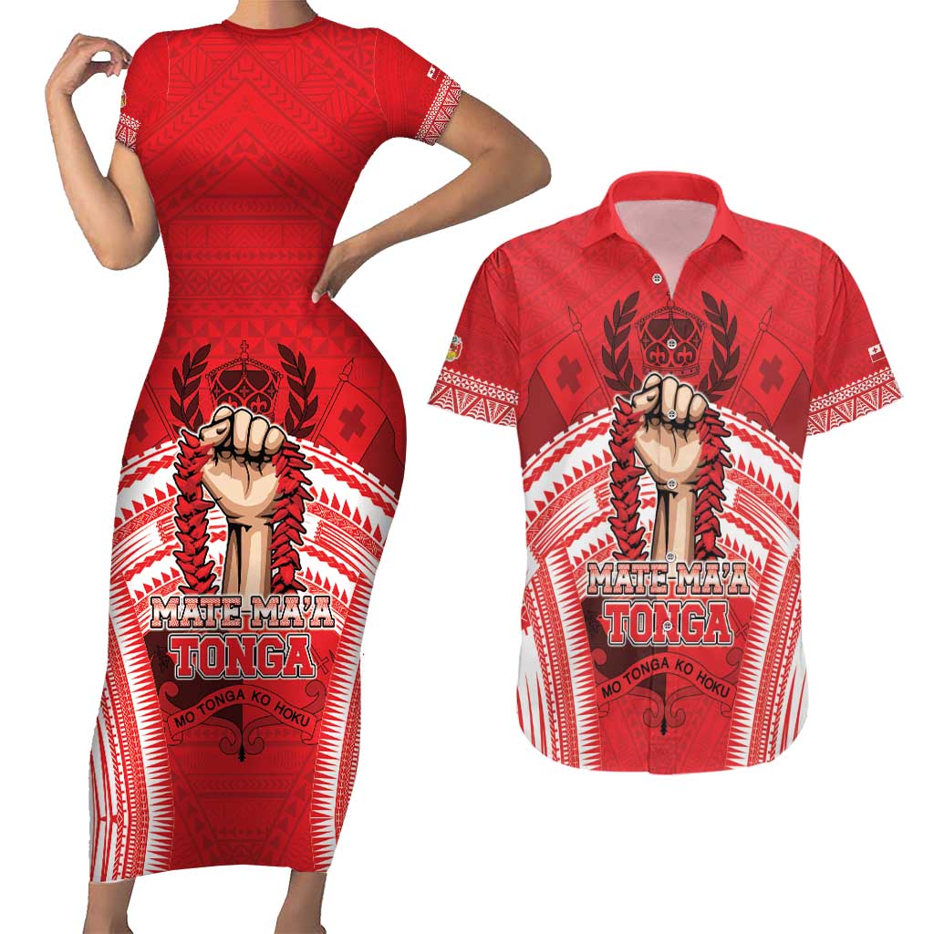 Custom Tonga Rugby Mate Ma'a Couples Matching Short Sleeve Bodycon Dress and Hawaiian Shirt Tongan Pride Unique Style - Polynesian Pride