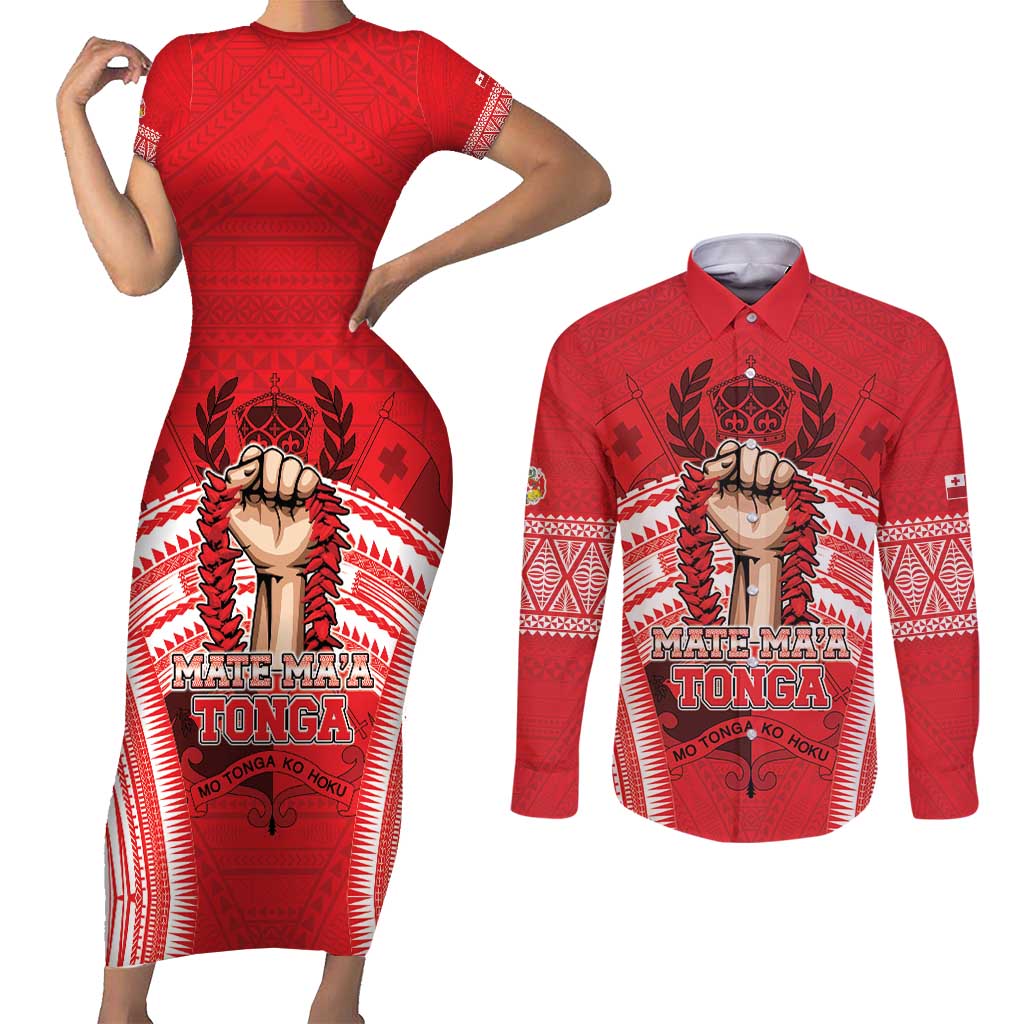 Custom Tonga Rugby Mate Ma'a Couples Matching Short Sleeve Bodycon Dress and Long Sleeve Button Shirt Tongan Pride Unique Style - Polynesian Pride