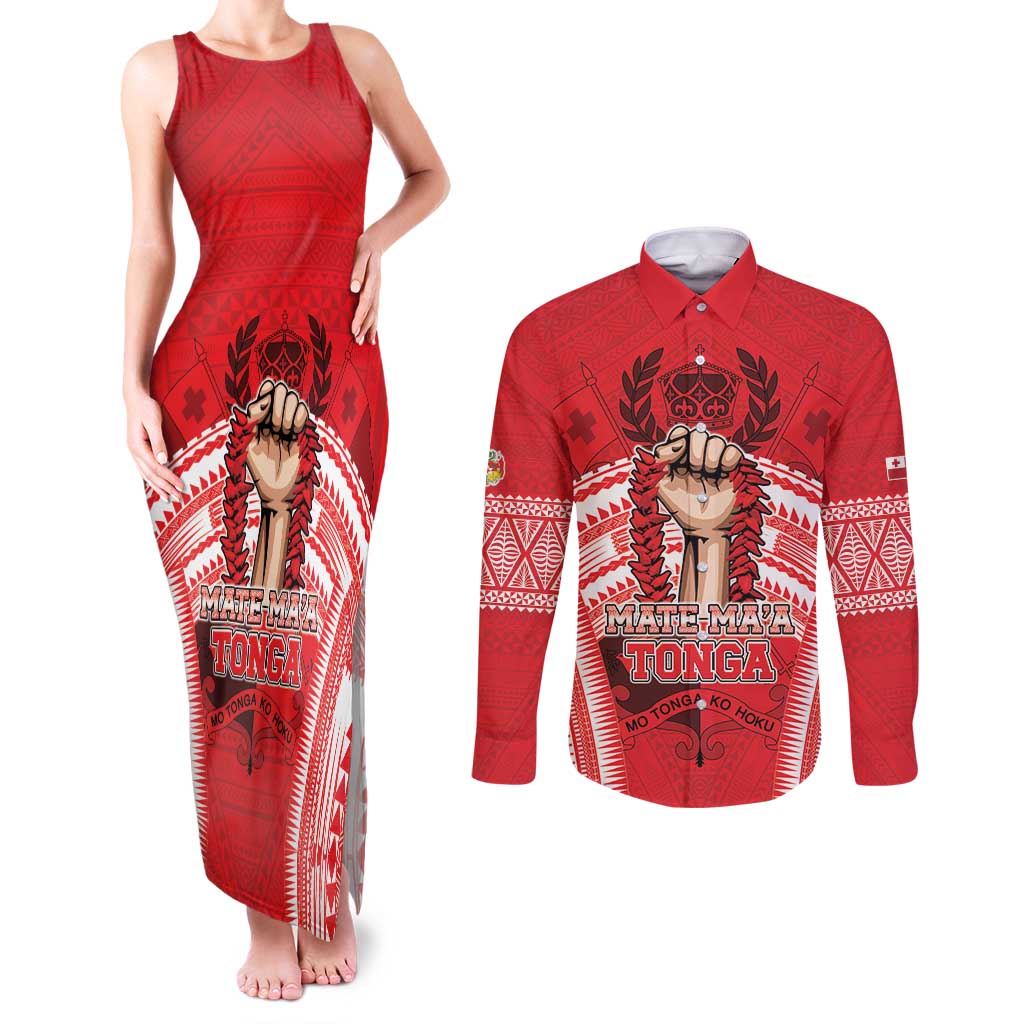 Custom Tonga Rugby Mate Ma'a Couples Matching Tank Maxi Dress and Long Sleeve Button Shirt Tongan Pride Unique Style - Polynesian Pride